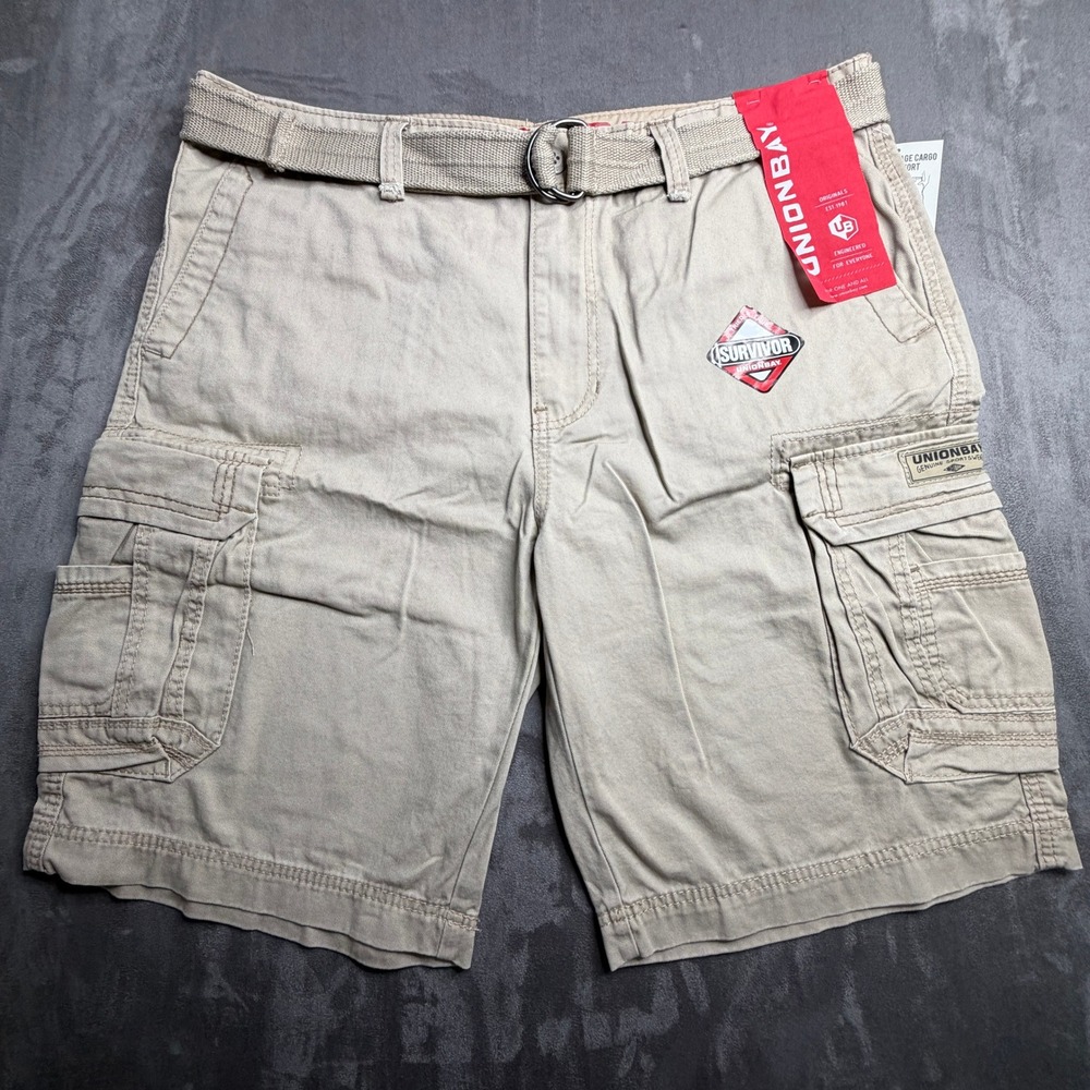 Unionbay Cargo Shorts Mens 38 Khaki Survivor Vintage Belted Cotton New
